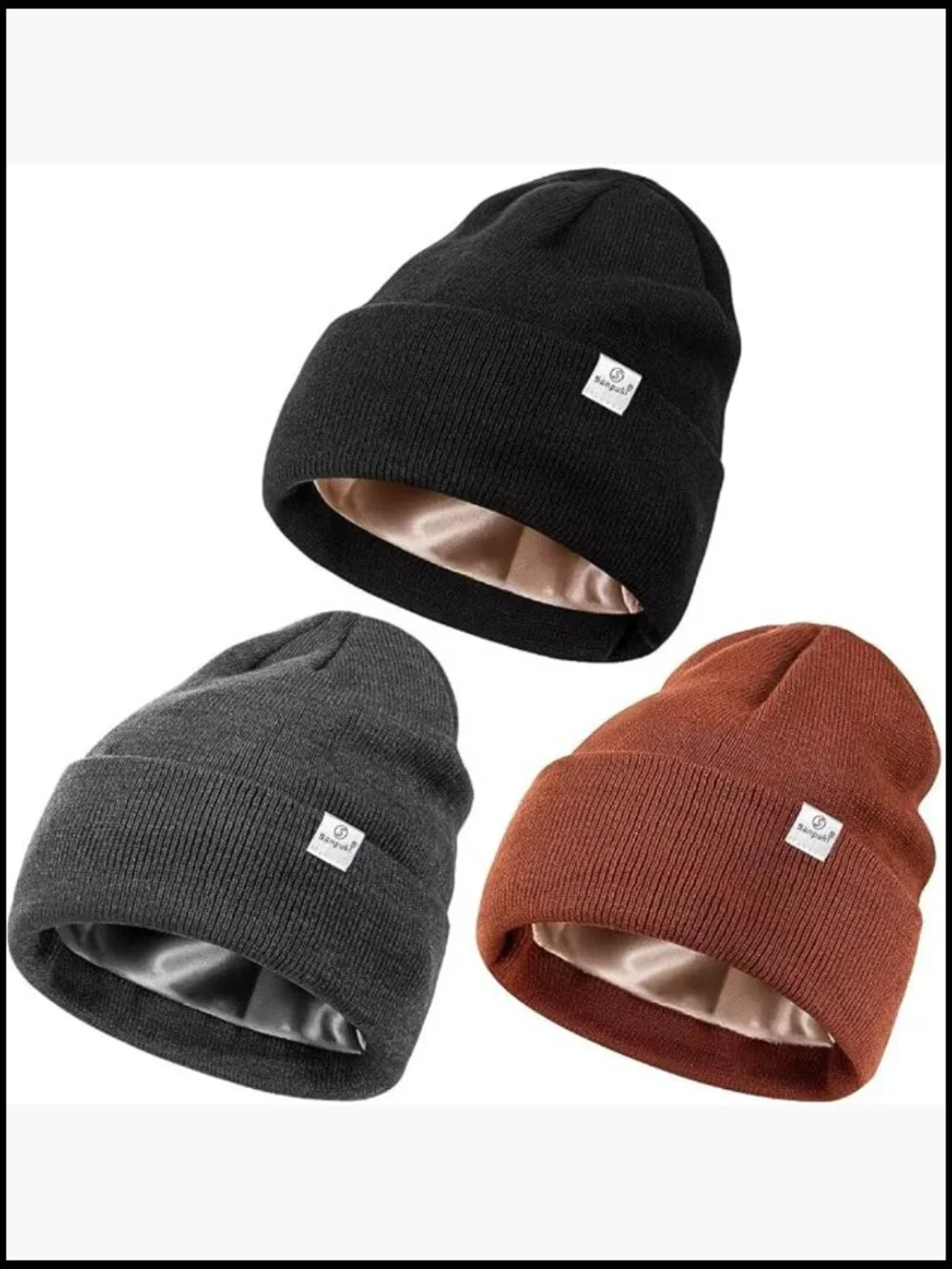 3 Pack Satin Lined Winter Beanie Hats Knit Soft Warm Cuffed Beanie for Women Men - Picture 1 of 7